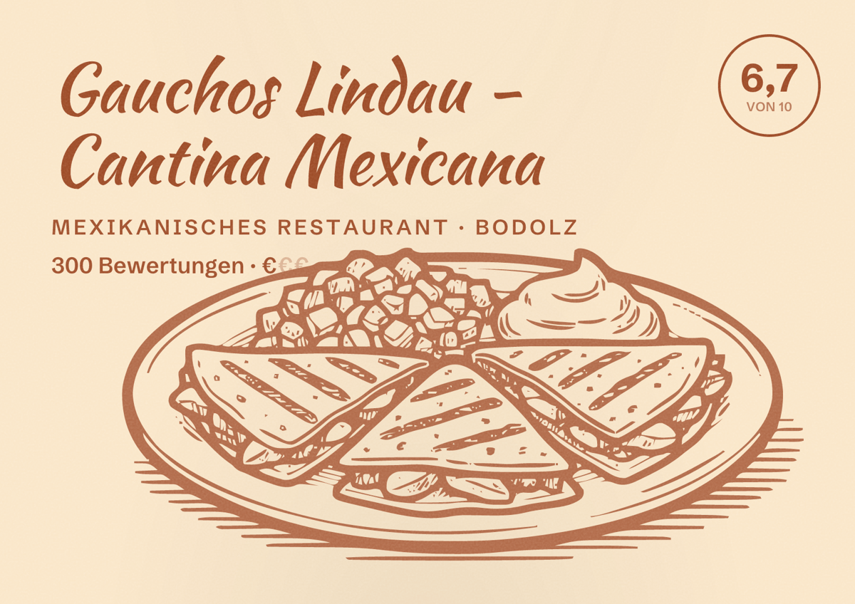 Illustriertes Poster von Gauchos Lindau - Cantina Mexicana, Mexikanisches Restaurant in Bodolz: Bewertung 6,7 von 10 aus 300 Bewertungen, Preisniveau €