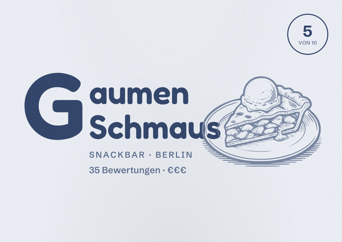 Illustriertes Poster von Gaumen Schmaus, Snackbar in Berlin: Bewertung 5 von 10 aus 35 Bewertungen, Preisniveau €€€