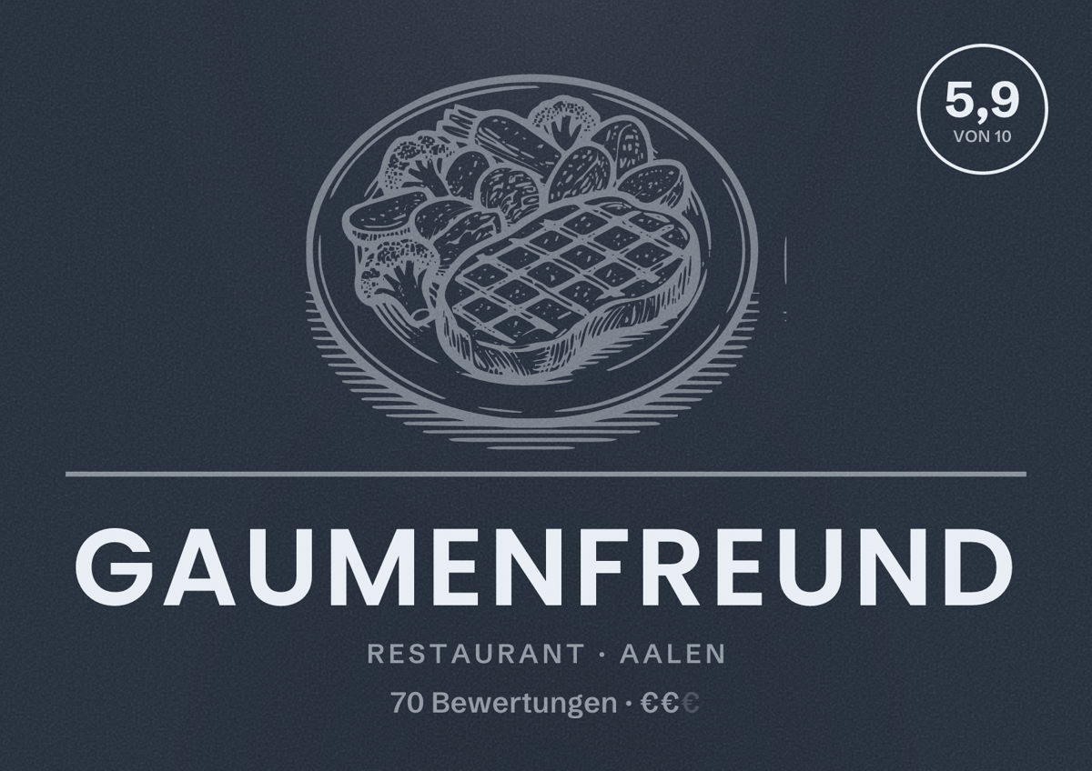 Illustriertes Poster von Gaumenfreund, Restaurant in Aalen: Bewertung 5,9 von 10 aus 70 Bewertungen, Preisniveau €€
