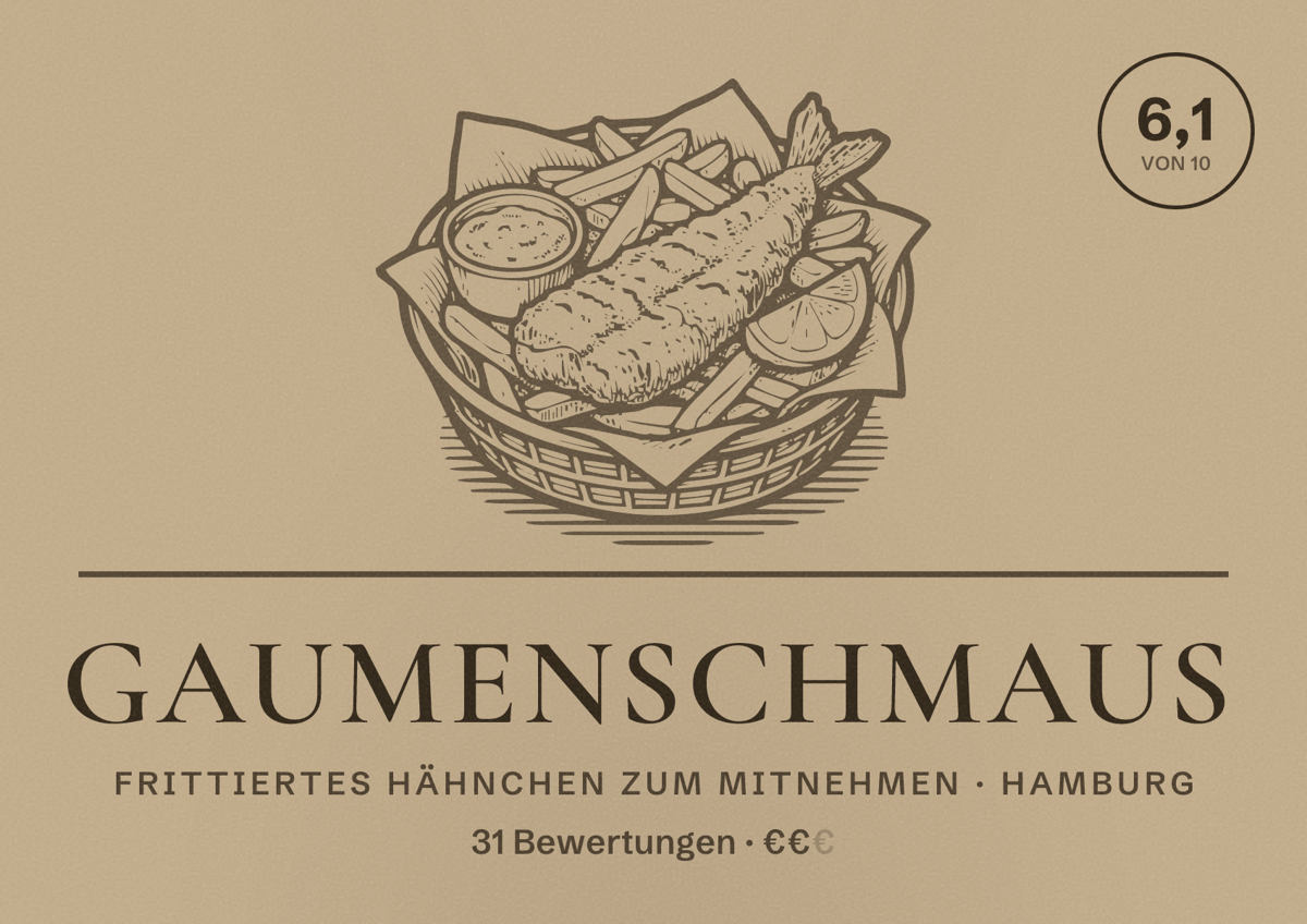 Illustriertes Poster von Gaumenschmaus, Frittiertes Hähnchen zum Mitnehmen in Hamburg: Bewertung 6,1 von 10 aus 31 Bewertungen, Preisniveau €€