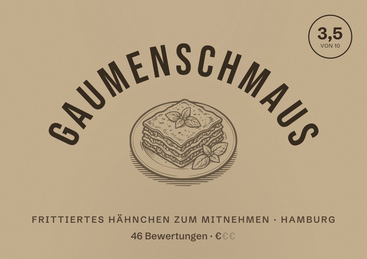 Illustriertes Poster von Gaumenschmaus, Frittiertes Hähnchen zum Mitnehmen in Hamburg: Bewertung 3,5 von 10 aus 46 Bewertungen, Preisniveau €