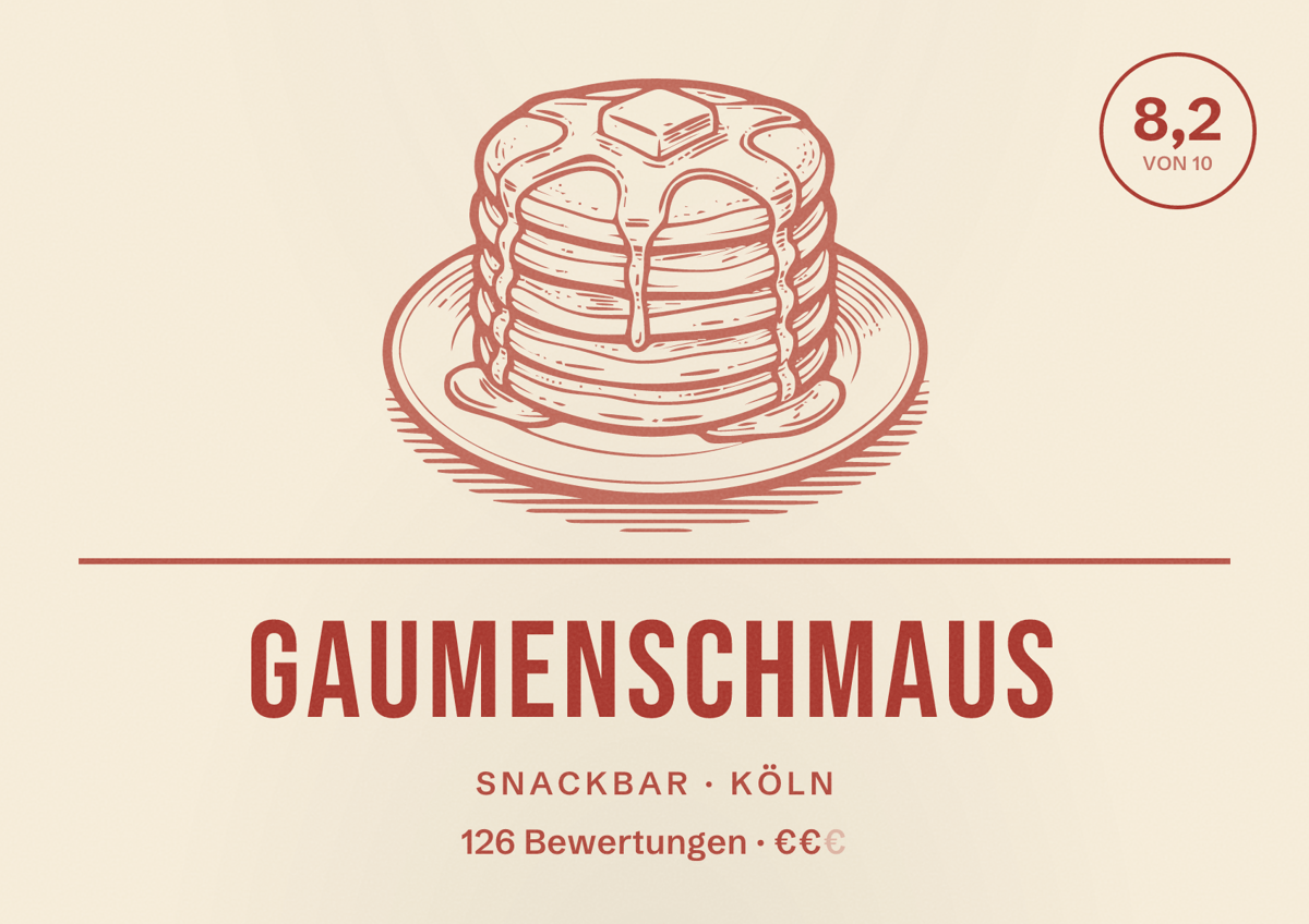 Illustriertes Poster von Gaumenschmaus, Snackbar in Köln: Bewertung 8,2 von 10 aus 126 Bewertungen, Preisniveau €€
