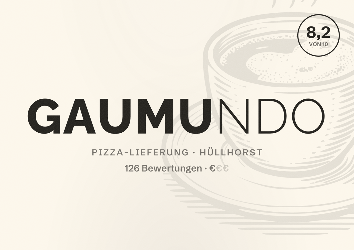 Illustriertes Poster von Gaumundo, Pizza-Lieferung in Hüllhorst: Bewertung 8,2 von 10 aus 126 Bewertungen, Preisniveau €