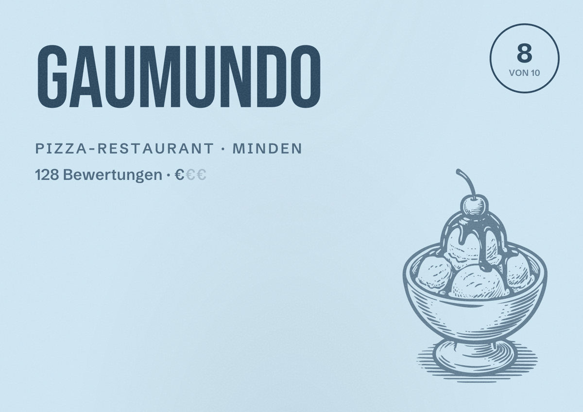 Illustriertes Poster von Gaumundo, Pizza-Restaurant in Minden: Bewertung 8 von 10 aus 128 Bewertungen, Preisniveau €