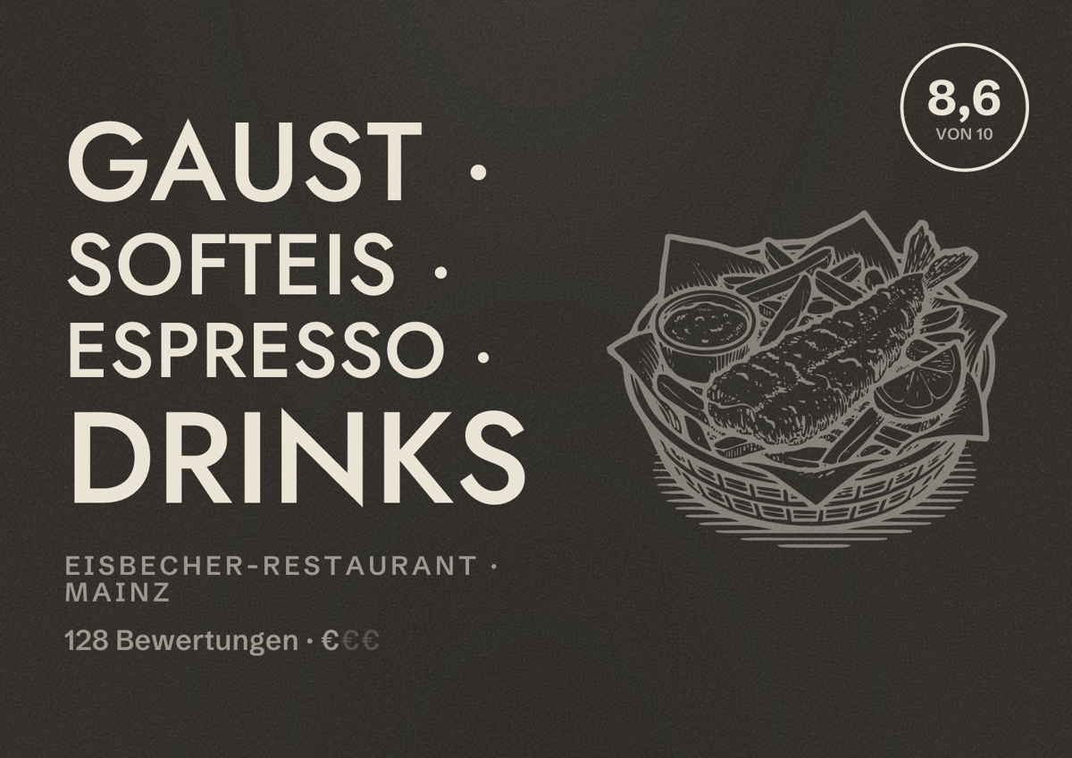 Illustriertes Poster von Gaust · Softeis · Espresso · Drinks, Eisbecher-Restaurant in Mainz: Bewertung 8,6 von 10 aus 128 Bewertungen, Preisniveau €
