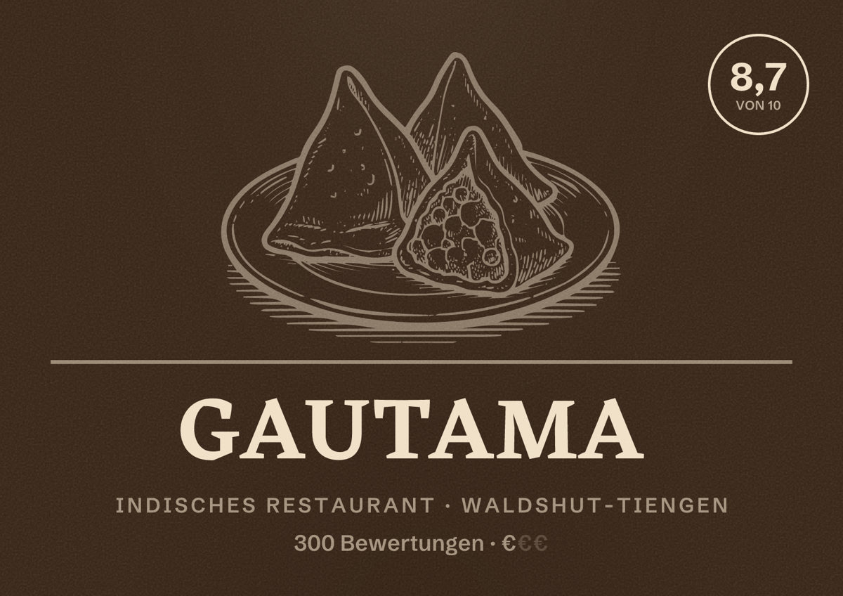 Illustriertes Poster von Gautama, Indisches Restaurant in Waldshut-Tiengen: Bewertung 8,7 von 10 aus 300 Bewertungen, Preisniveau €
