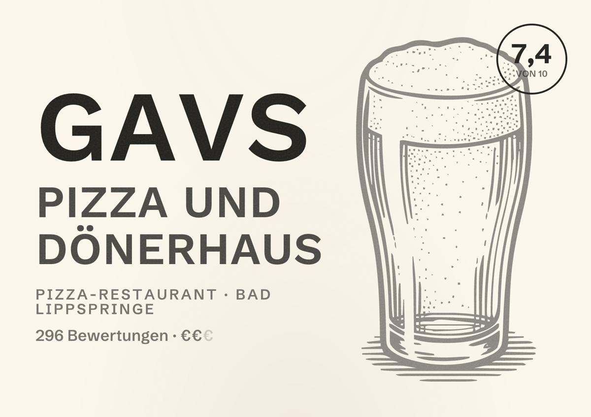 Illustriertes Poster von Gavs Pizza und Dönerhaus, Pizza-Restaurant in Bad Lippspringe: Bewertung 7,4 von 10 aus 296 Bewertungen, Preisniveau €€