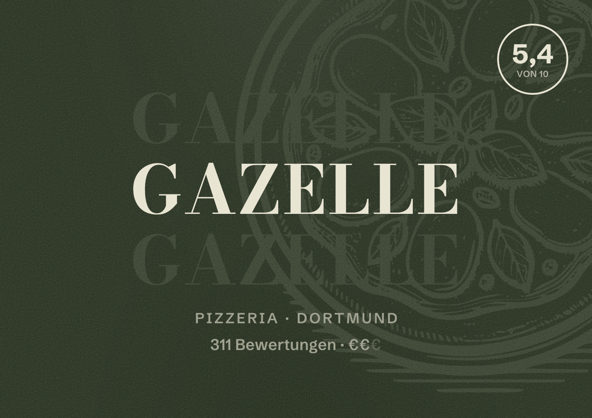 Illustriertes Poster von Gazelle, Pizzeria in Dortmund: Gästebewertung 5,4 von 10 aus 311 Bewertungen
