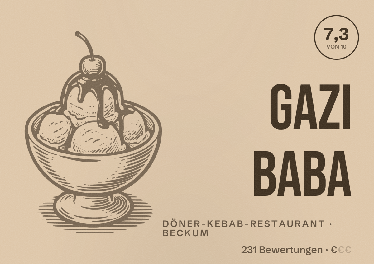 Illustriertes Poster von Gazi Baba, Döner-Kebab-Restaurant in Beckum: Bewertung 7,3 von 10 aus 231 Bewertungen, Preisniveau €