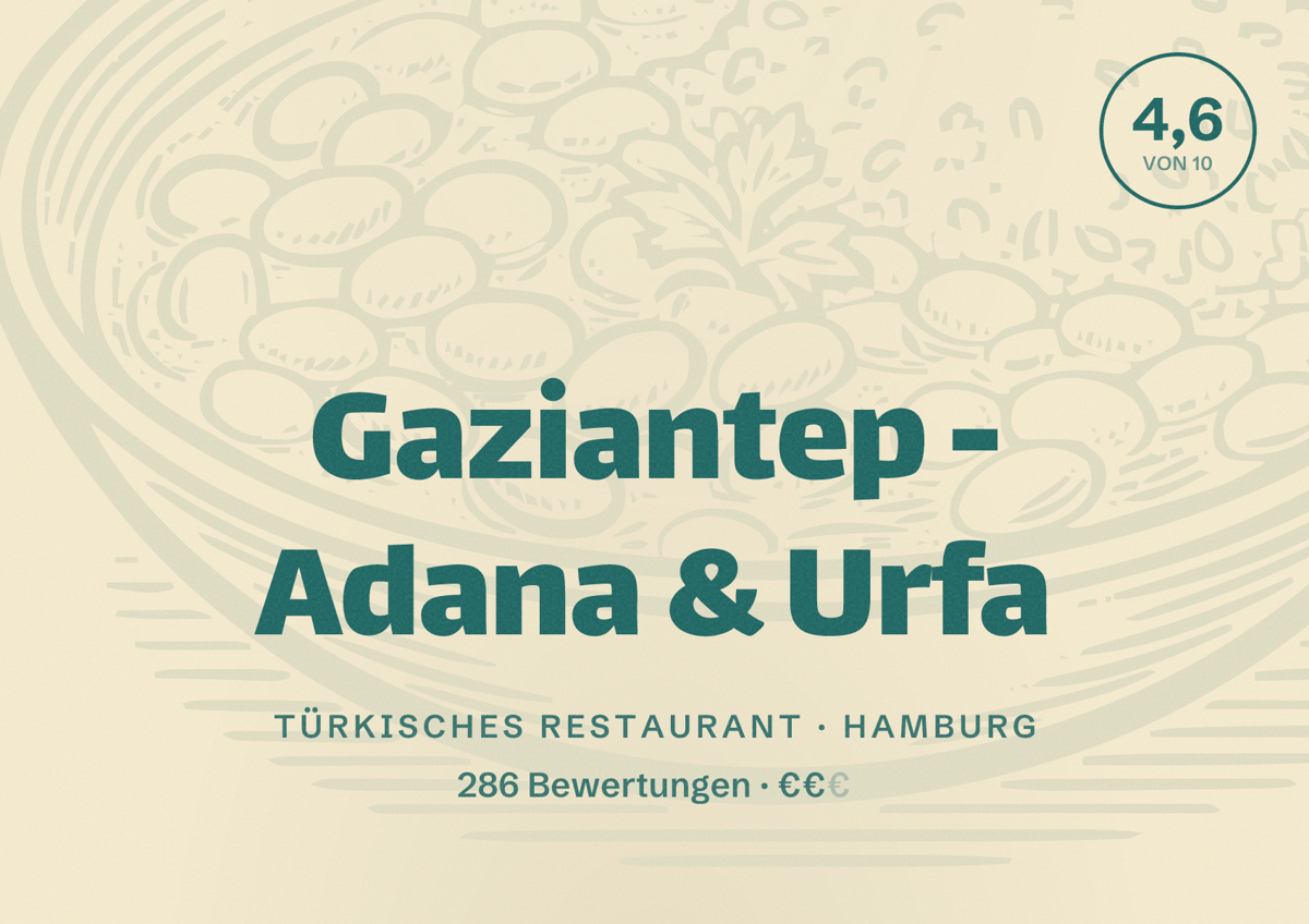 Illustriertes Poster von Gaziantep - Adana & Urfa, Türkisches Restaurant in Hamburg: Bewertung 4,6 von 10 aus 286 Bewertungen, Preisniveau €€