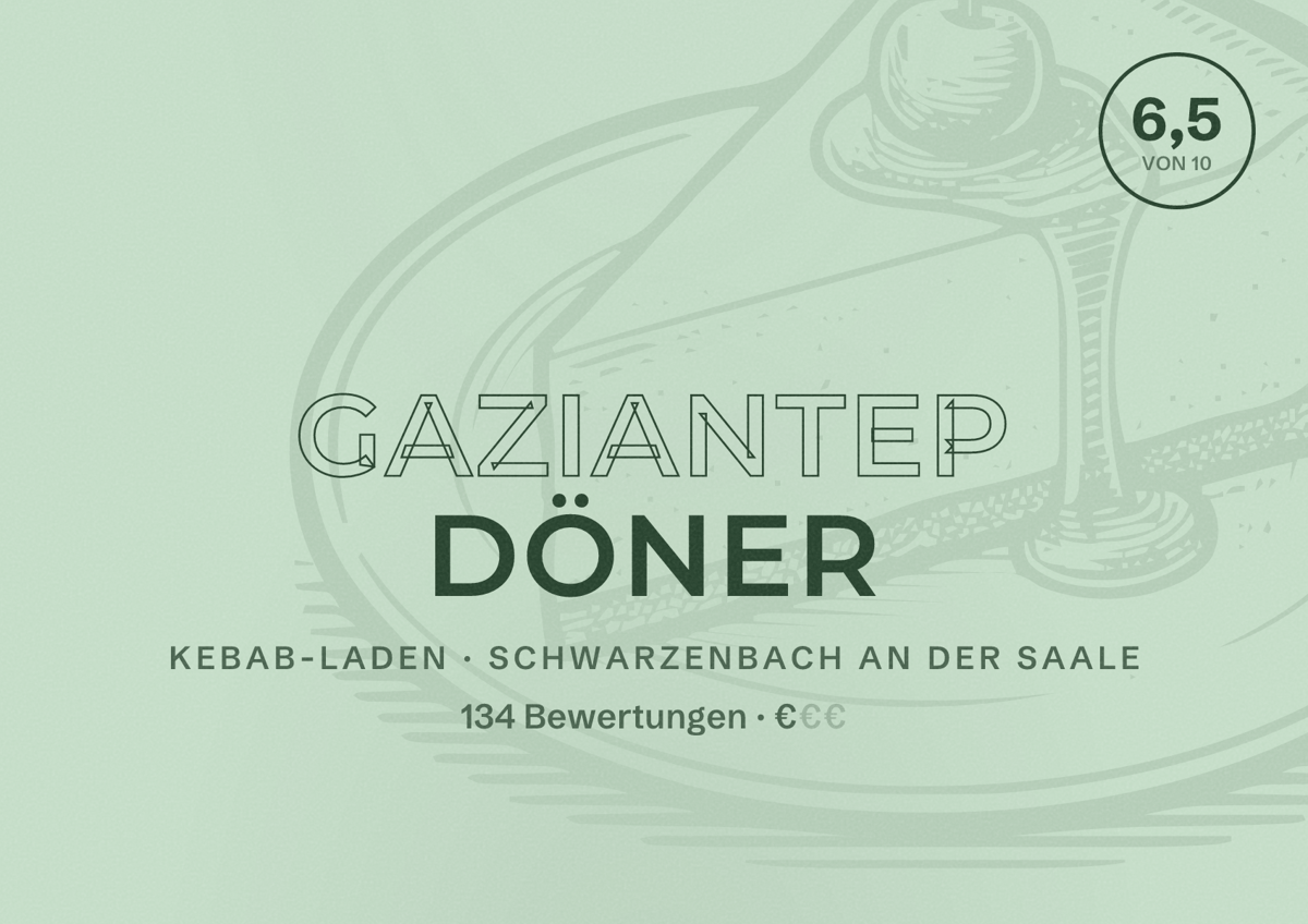 Illustriertes Poster von Gaziantep Döner, Kebab-Laden in Schwarzenbach an der Saale: Bewertung 6,5 von 10 aus 134 Bewertungen, Preisniveau €