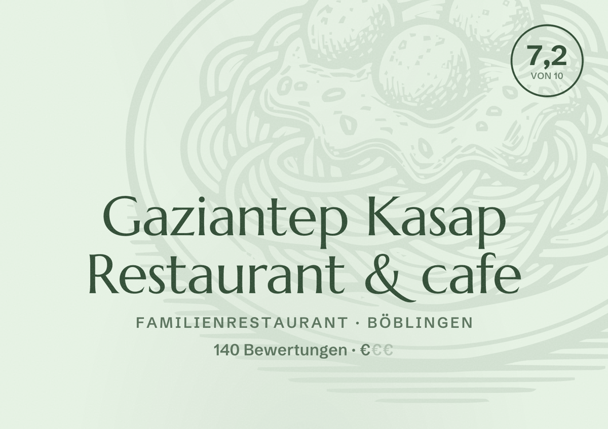 Illustriertes Poster von Gaziantep Kasap Restaurant & cafe, Familienrestaurant in Böblingen: Bewertung 7,2 von 10 aus 140 Bewertungen, Preisniveau €