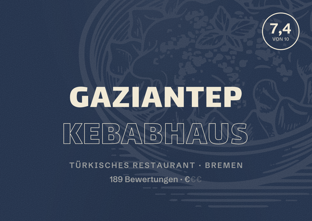 Illustriertes Poster von Gaziantep Kebabhaus, Türkisches Restaurant in Bremen: Bewertung 7,4 von 10 aus 189 Bewertungen, Preisniveau €