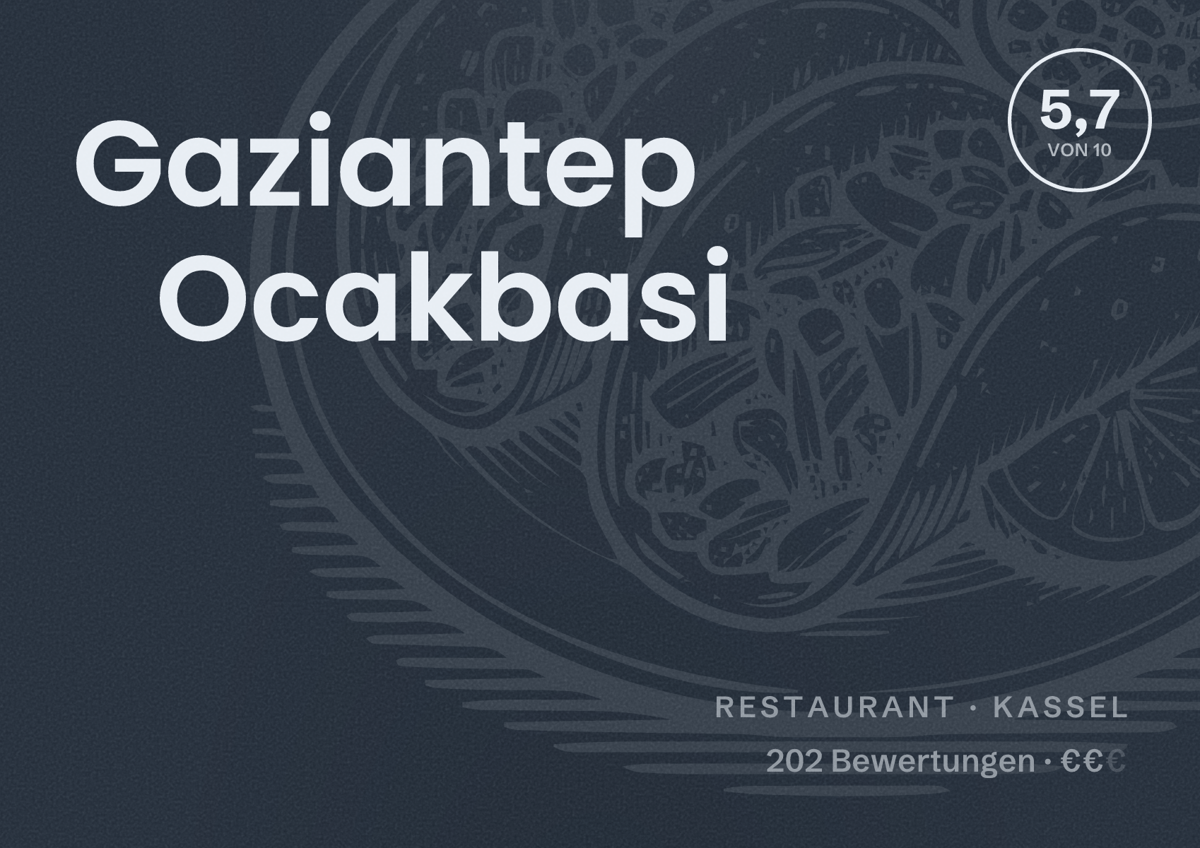 Illustriertes Poster von Gaziantep Ocakbasi, Restaurant in Kassel: Bewertung 5,7 von 10 aus 202 Bewertungen, Preisniveau €€