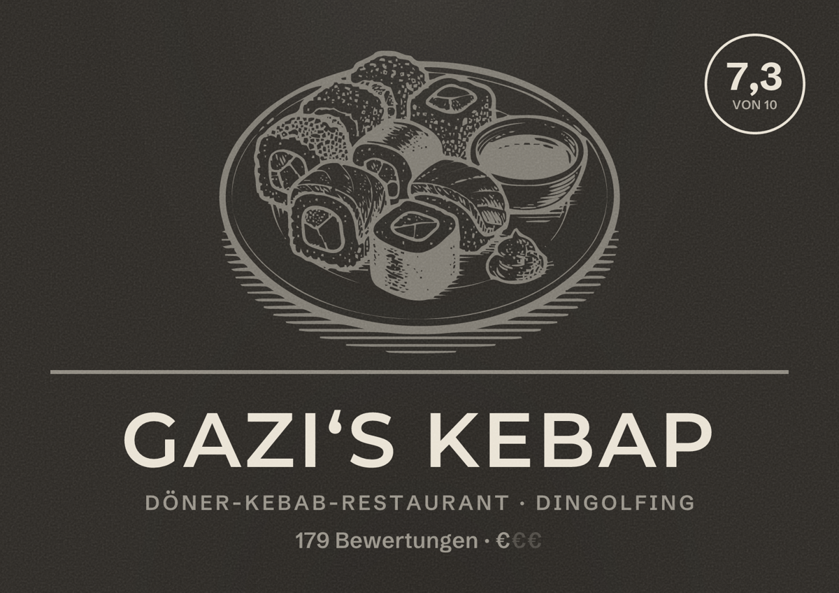 Illustriertes Poster von Gazi‘s Kebap, Döner-Kebab-Restaurant in Dingolfing: Bewertung 7,3 von 10 aus 179 Bewertungen, Preisniveau €
