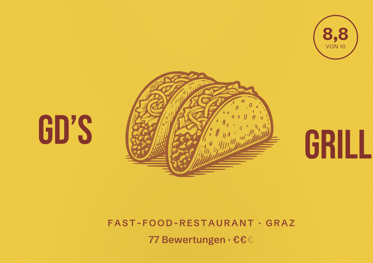 Illustriertes Poster von GD’s grill, Fast-Food-Restaurant in Graz: Bewertung 8,8 von 10 aus 77 Bewertungen, Preisniveau €€