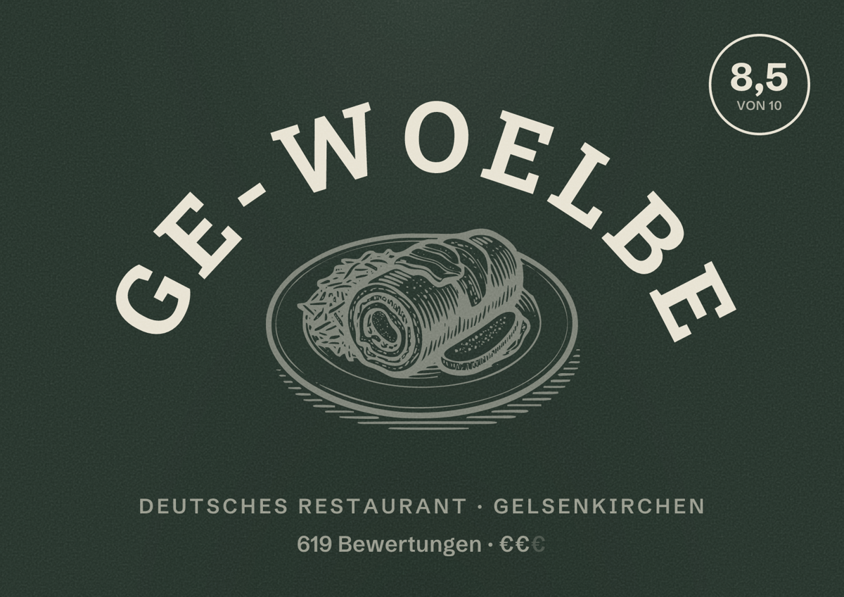 Illustriertes Poster von GE-woelbe, Deutsches Restaurant in Gelsenkirchen: Bewertung 8,5 von 10 aus 619 Bewertungen, Preisniveau €€