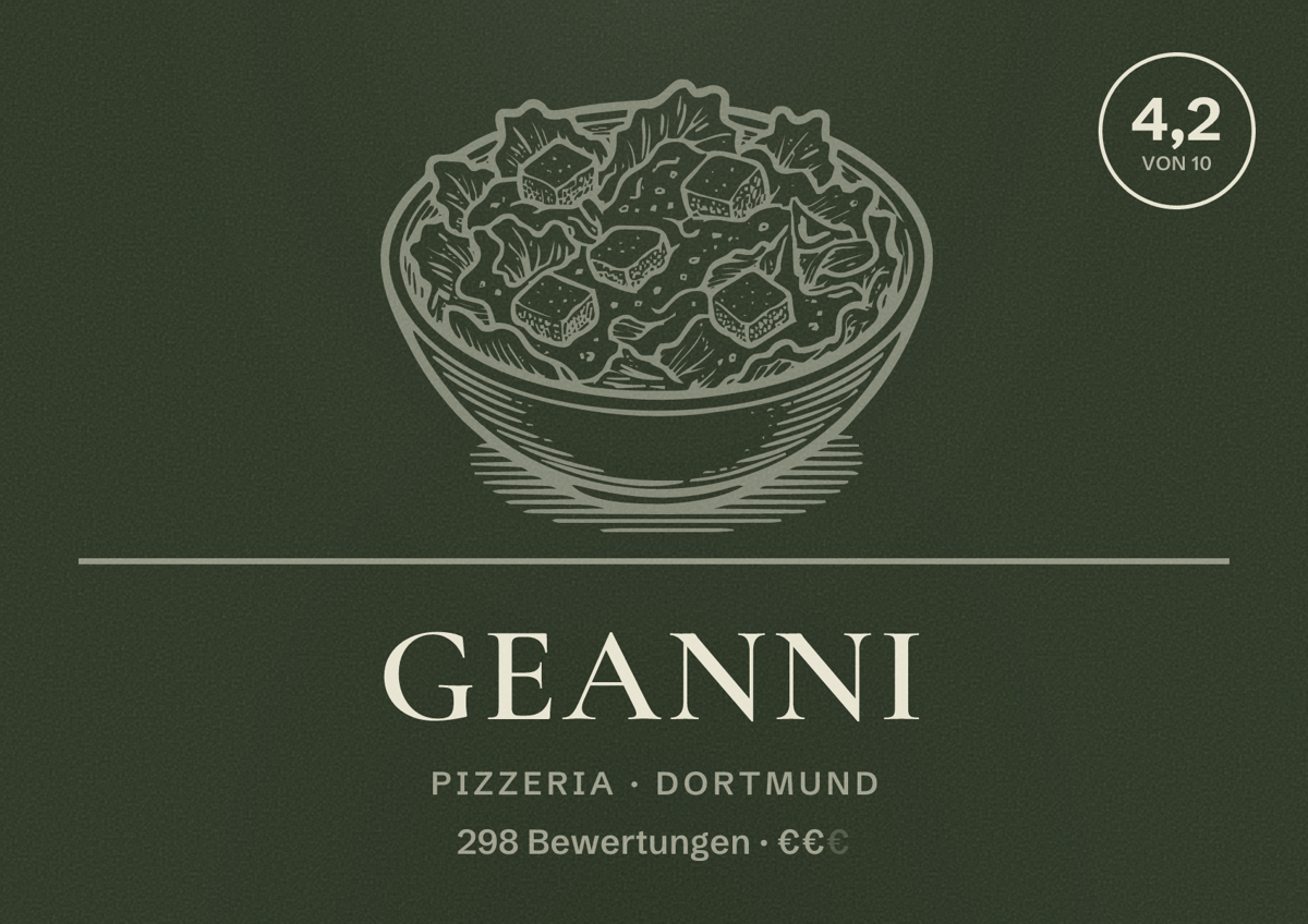 Illustriertes Poster von Geanni, Pizzeria in Dortmund: Gästebewertung 4,2 von 10 aus 298 Bewertungen