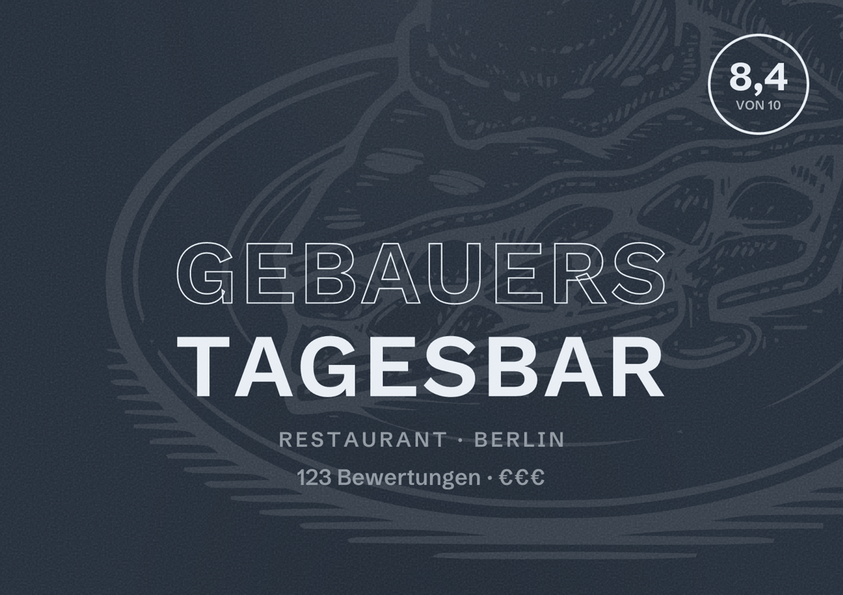 Illustriertes Poster von Gebauers Tagesbar, Restaurant in Berlin: Bewertung 8,4 von 10 aus 123 Bewertungen, Preisniveau €€€