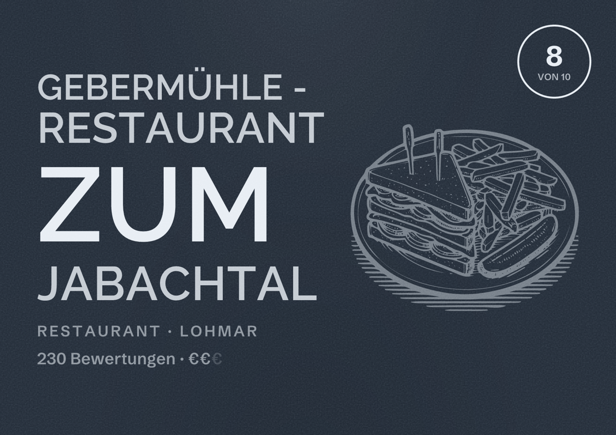 Illustriertes Poster von Gebermühle - Restaurant zum Jabachtal, Restaurant in Lohmar: Bewertung 8 von 10 aus 230 Bewertungen, Preisniveau €€