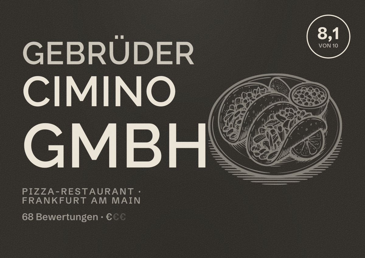 Illustriertes Poster von Gebrüder Cimino GmbH, Pizza-Restaurant in Frankfurt am Main: Bewertung 8,1 von 10 aus 68 Bewertungen, Preisniveau €