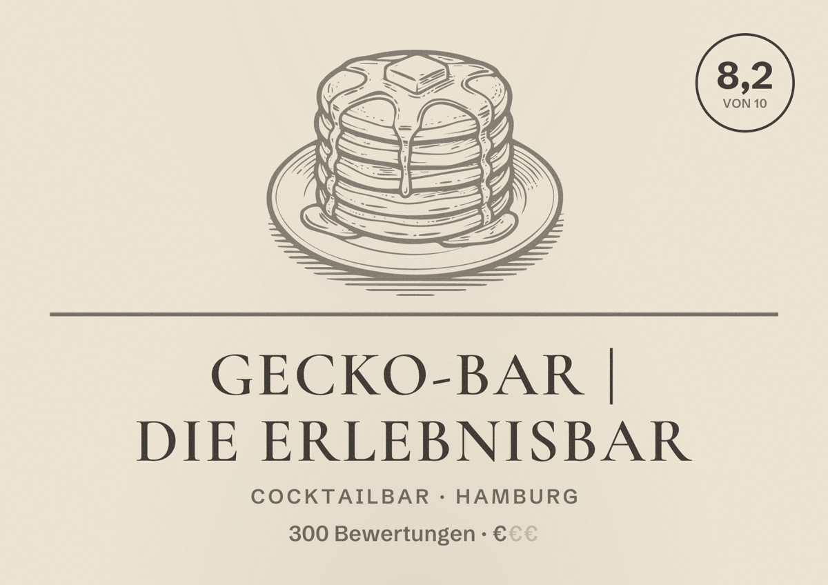 Illustriertes Poster von Gecko-Bar | Die Erlebnisbar, Cocktailbar in Hamburg: Bewertung 8,2 von 10 aus 300 Bewertungen, Preisniveau €