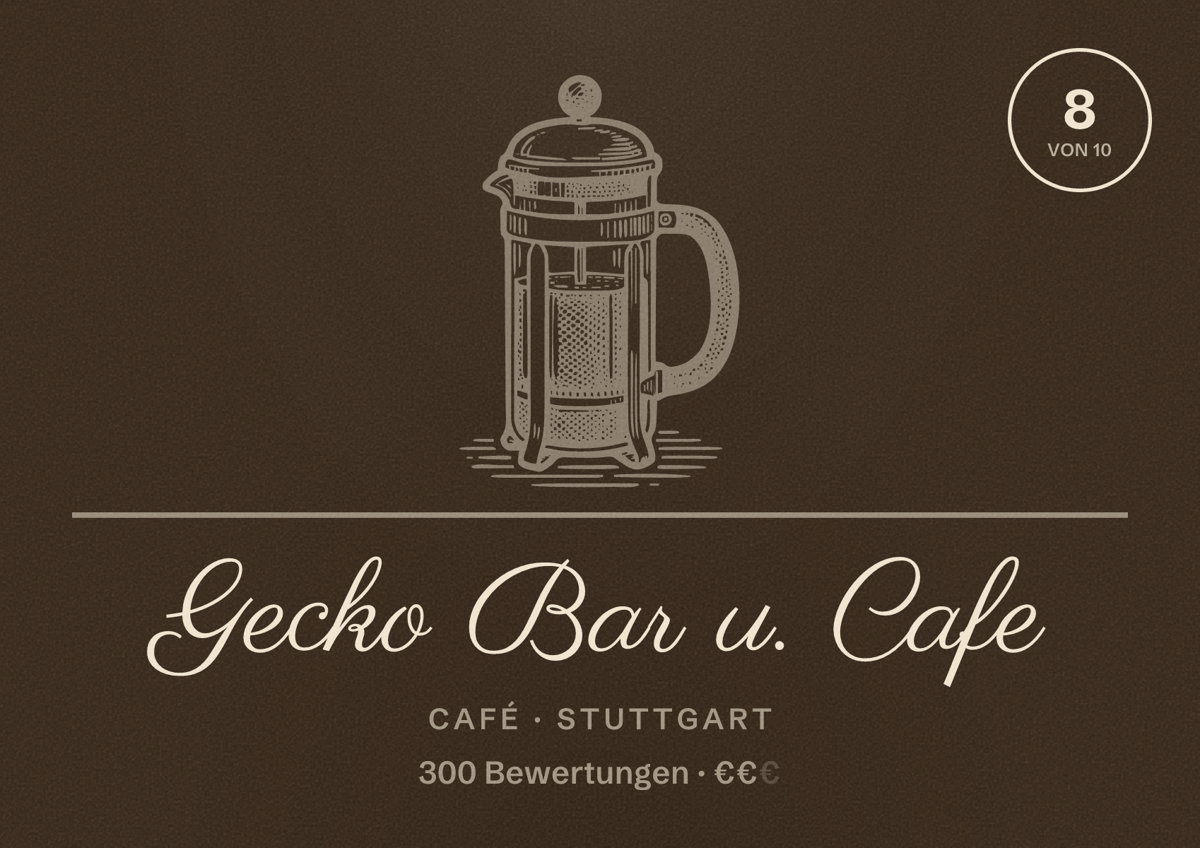 Illustriertes Poster von Gecko Bar u. Cafe, Café in Stuttgart: Bewertung 8 von 10 aus 300 Bewertungen, Preisniveau €€