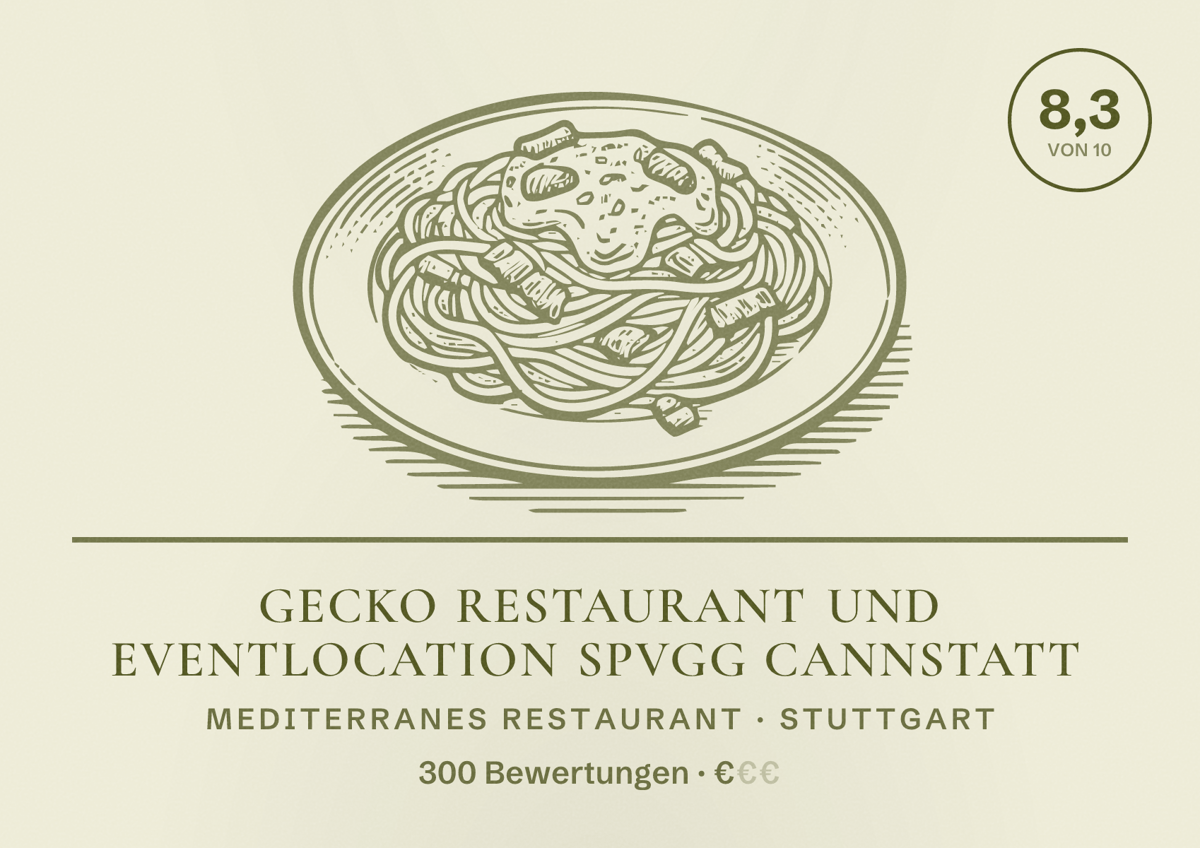 Illustriertes Poster von Gecko Restaurant und Eventlocation SpVgg Cannstatt, Mediterranes Restaurant in Stuttgart: Bewertung 8,3 von 10 aus 300 Bewertungen, Preisniveau €