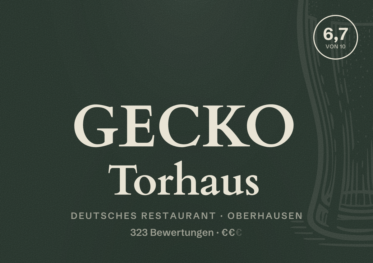 Illustriertes Poster von GECKO Torhaus, Deutsches Restaurant in Oberhausen: Bewertung 6,7 von 10 aus 323 Bewertungen, Preisniveau €€