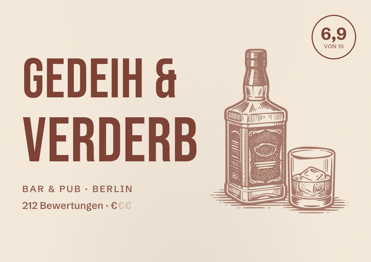 Illustriertes Poster von Gedeih & Verderb, Bar & Pub in Berlin: Bewertung 6,9 von 10 aus 212 Bewertungen, Preisniveau €