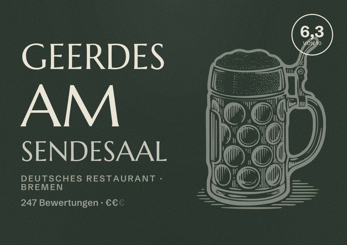 Illustriertes Poster von Geerdes am Sendesaal, Deutsches Restaurant in Bremen: Bewertung 6,3 von 10 aus 247 Bewertungen, Preisniveau €€