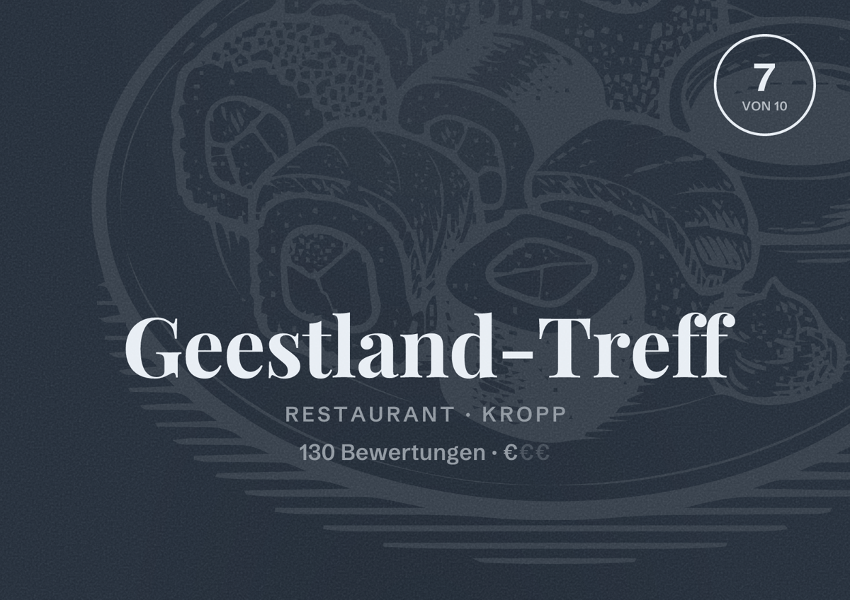 Illustriertes Poster von Geestland-Treff, Restaurant in Kropp: Bewertung 7 von 10 aus 130 Bewertungen, Preisniveau €