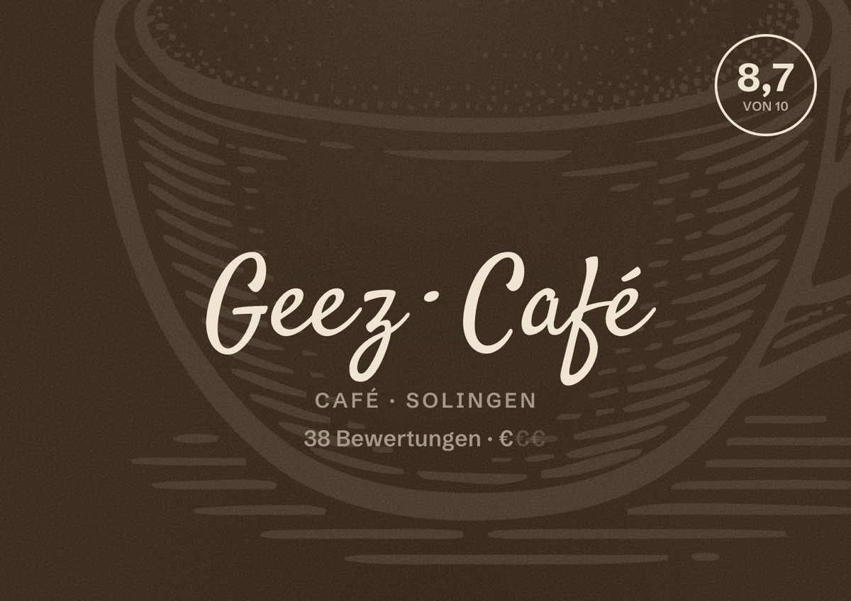 Illustriertes Poster von Geez Café, Café in Solingen: Bewertung 8,7 von 10 aus 38 Bewertungen, Preisniveau €