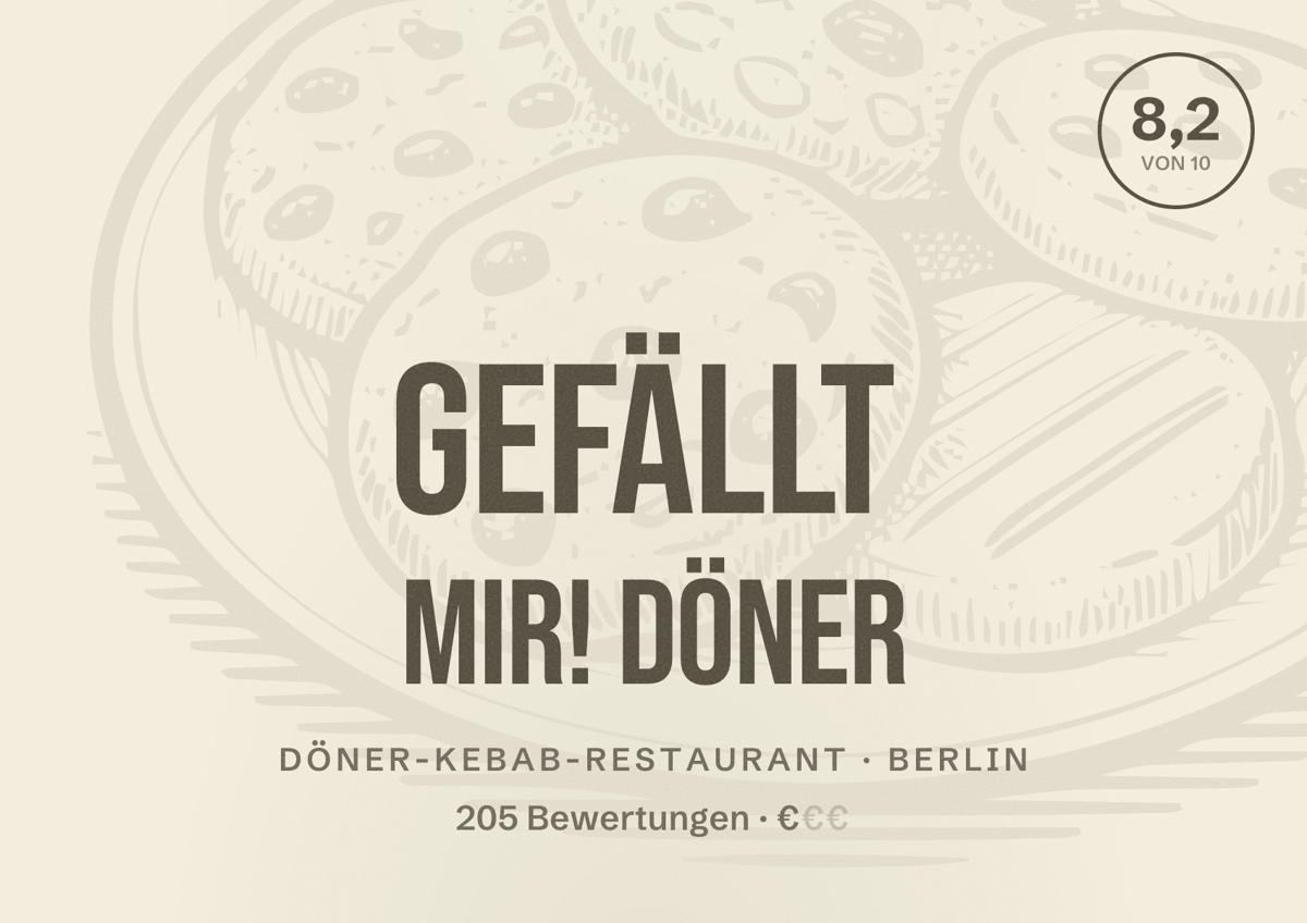 Illustriertes Poster von Gefällt mir! Döner, Döner-Kebab-Restaurant in Berlin: Bewertung 8,2 von 10 aus 205 Bewertungen, Preisniveau €