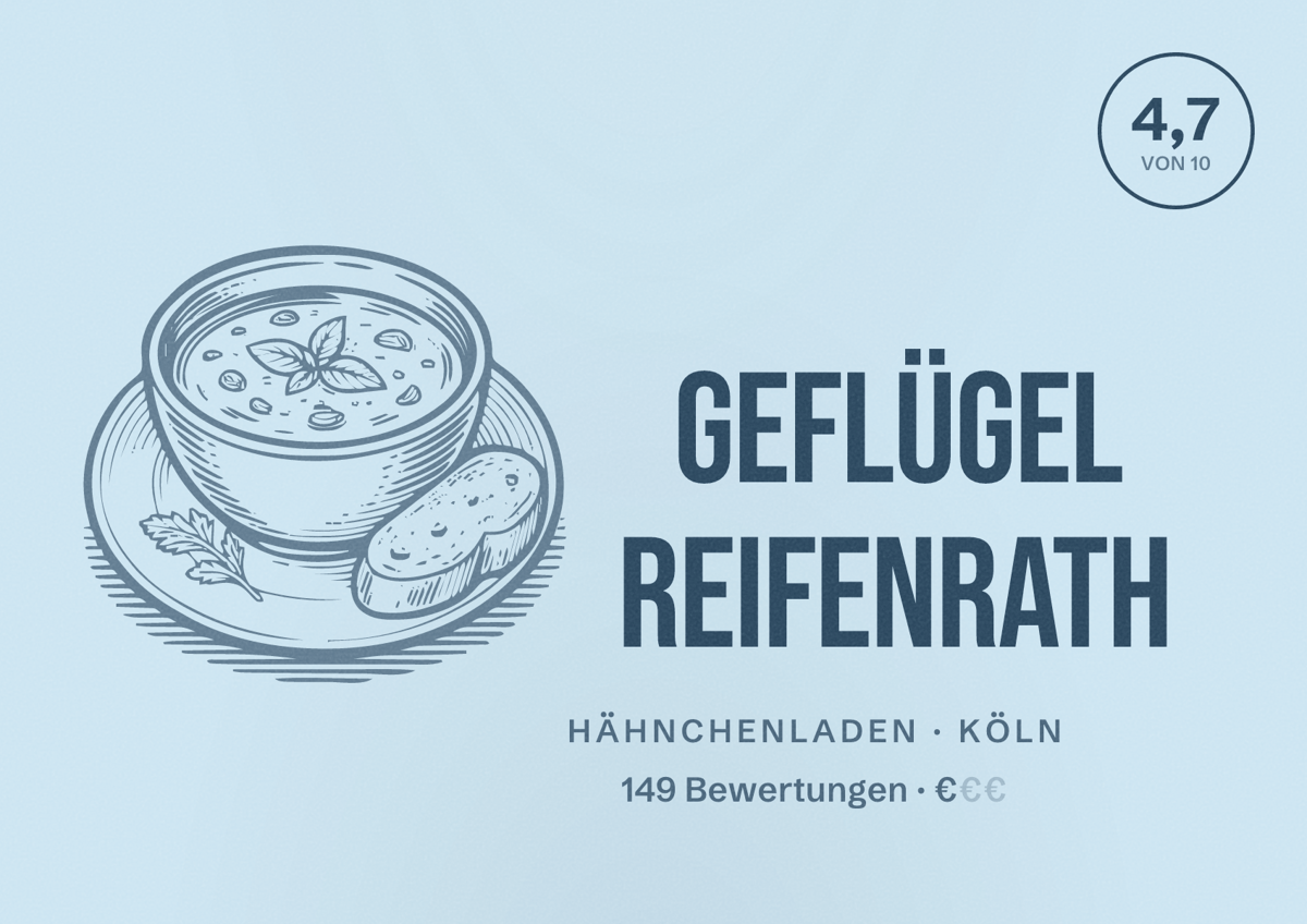 Illustriertes Poster von Geflügel Reifenrath, Hähnchenladen in Köln: Bewertung 4,7 von 10 aus 149 Bewertungen, Preisniveau €
