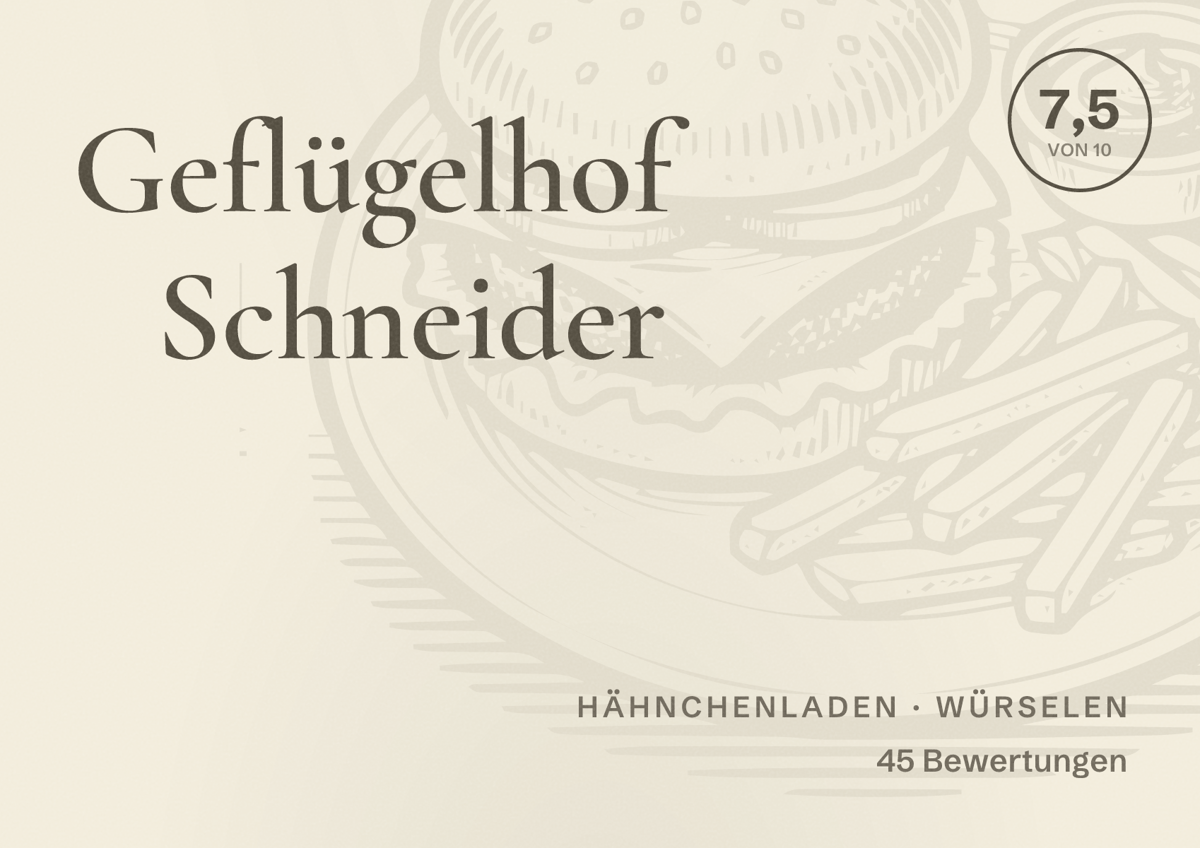 Illustriertes Poster von Geflügelhof Schneider, Hähnchenladen in Würselen: Bewertung 7,5 von 10 aus 45 Bewertungen