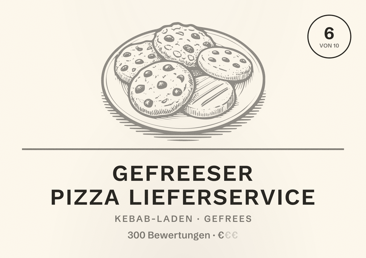 Illustriertes Poster von Gefreeser Pizza lieferservice, Kebab-Laden in Gefrees: Bewertung 6 von 10 aus 300 Bewertungen, Preisniveau €
