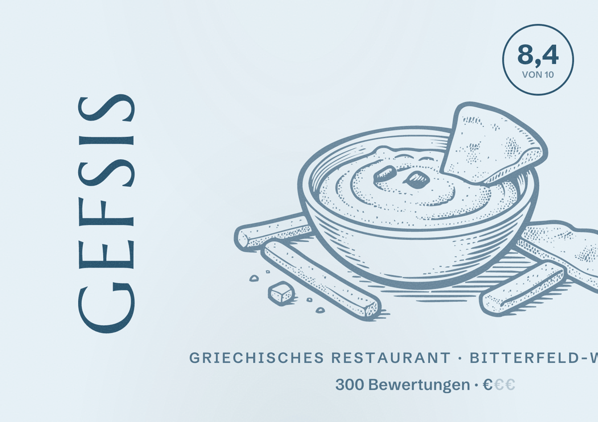 Illustriertes Poster von Gefsis, Griechisches Restaurant in Bitterfeld-Wolfen: Bewertung 8,4 von 10 aus 300 Bewertungen, Preisniveau €