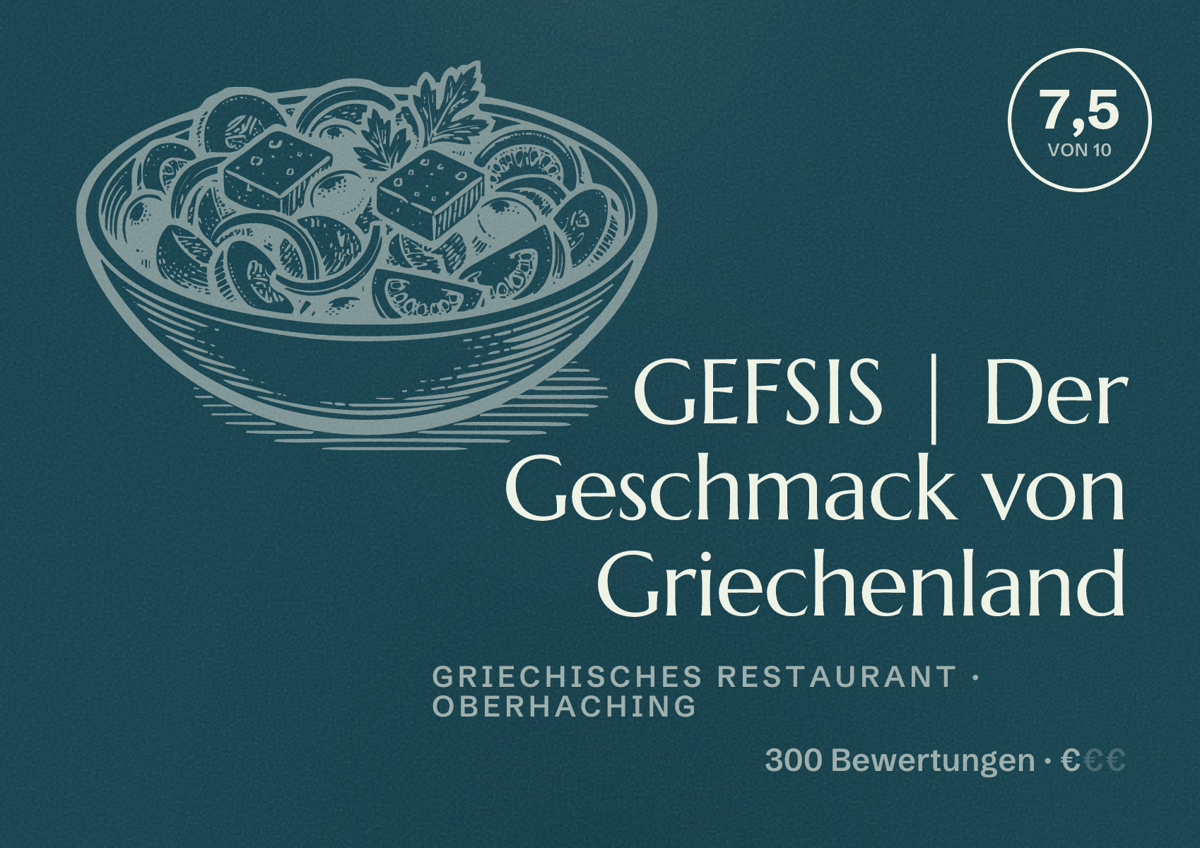 Illustriertes Poster von GEFSIS | Der Geschmack von Griechenland, Griechisches Restaurant in Oberhaching: Bewertung 7,5 von 10 aus 300 Bewertungen, Preisniveau €