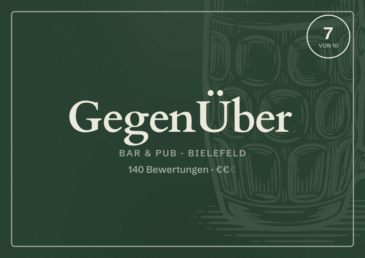 Illustriertes Poster von GegenÜber, Bar & Pub in Bielefeld: Bewertung 7 von 10 aus 140 Bewertungen, Preisniveau €€