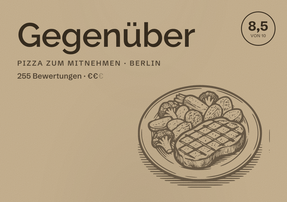 Illustriertes Poster von Gegenüber, Pizza zum Mitnehmen in Berlin: Bewertung 8,5 von 10 aus 255 Bewertungen, Preisniveau €€