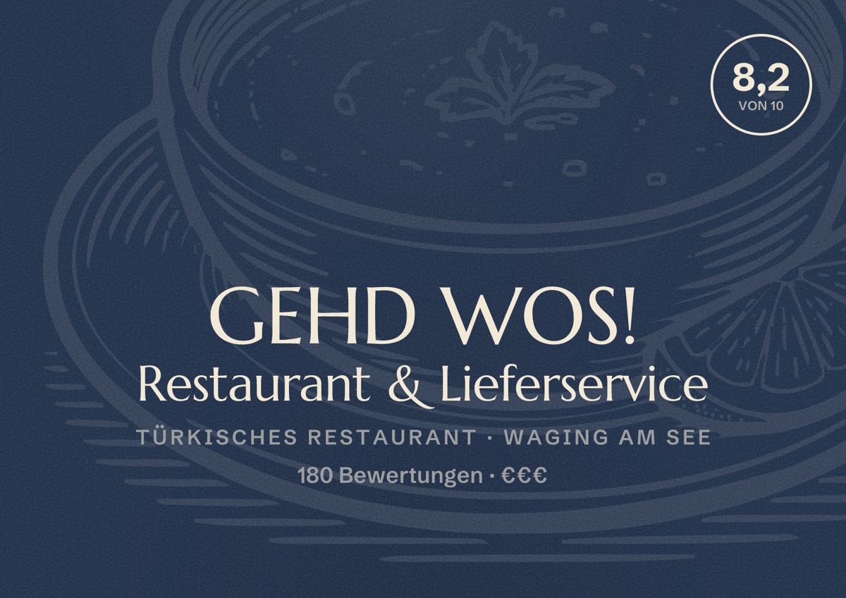 Illustriertes Poster von GEHD WOS! Restaurant & Lieferservice, Türkisches Restaurant in Waging am See: Bewertung 8,2 von 10 aus 180 Bewertungen, Preisniveau €€€