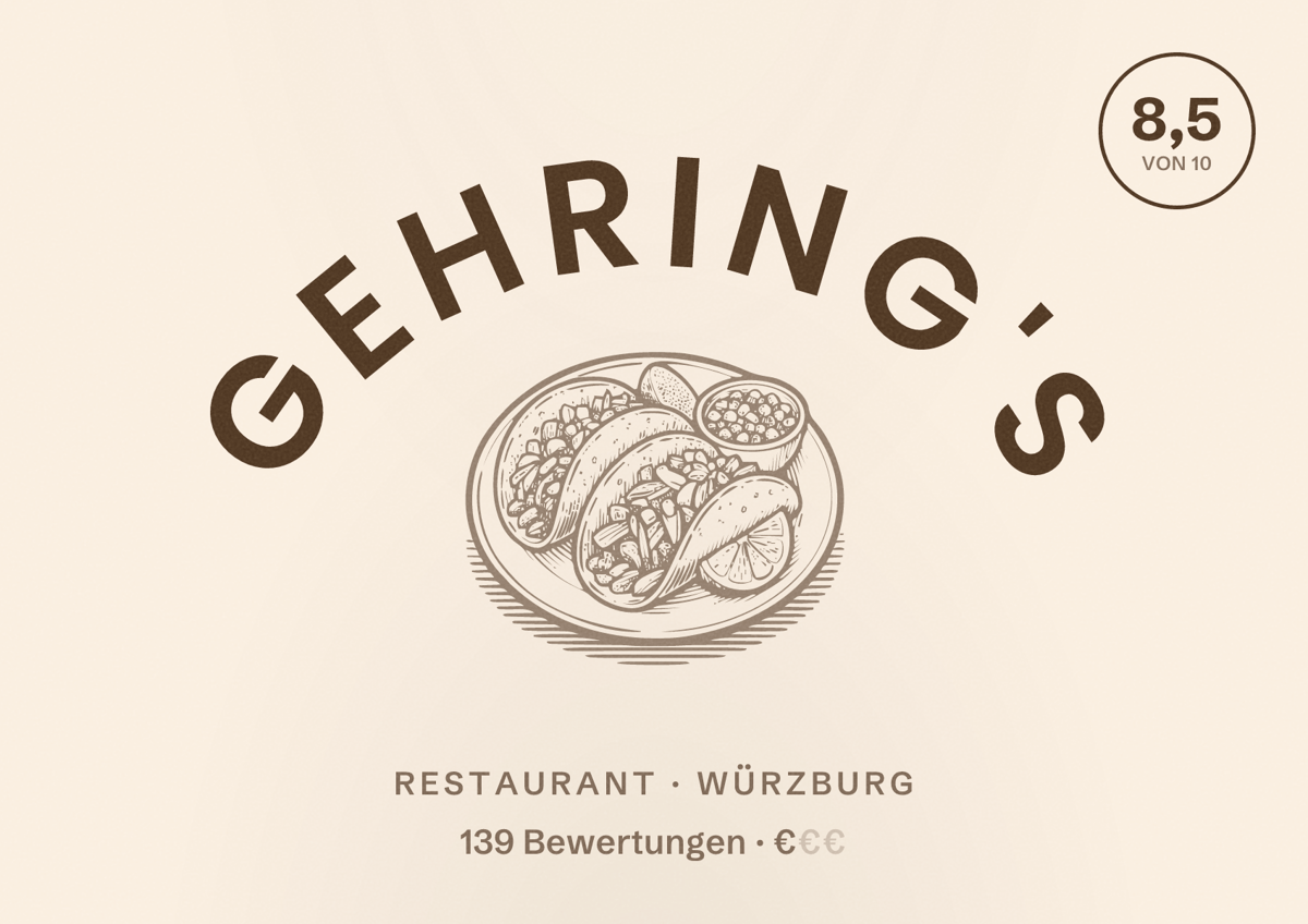 Illustriertes Poster von Gehring's, Restaurant in Würzburg: Bewertung 8,5 von 10 aus 139 Bewertungen, Preisniveau €