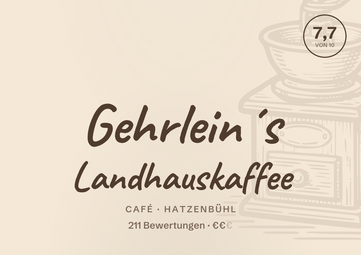 Illustriertes Poster von Gehrlein´s Landhauskaffee, Café in Hatzenbühl: Bewertung 7,7 von 10 aus 211 Bewertungen, Preisniveau €€