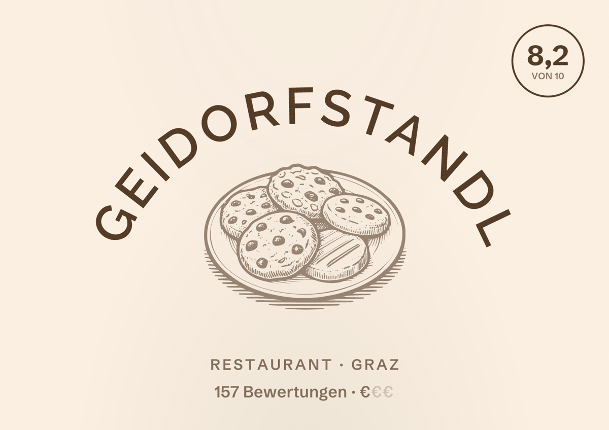 Illustriertes Poster von Geidorfstandl, Restaurant in Graz: Bewertung 8,2 von 10 aus 157 Bewertungen, Preisniveau €