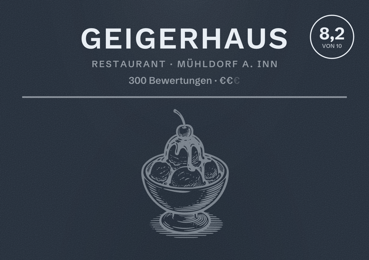 Illustriertes Poster von Geigerhaus, Restaurant in Mühldorf a. Inn: Bewertung 8,2 von 10 aus 300 Bewertungen, Preisniveau €€