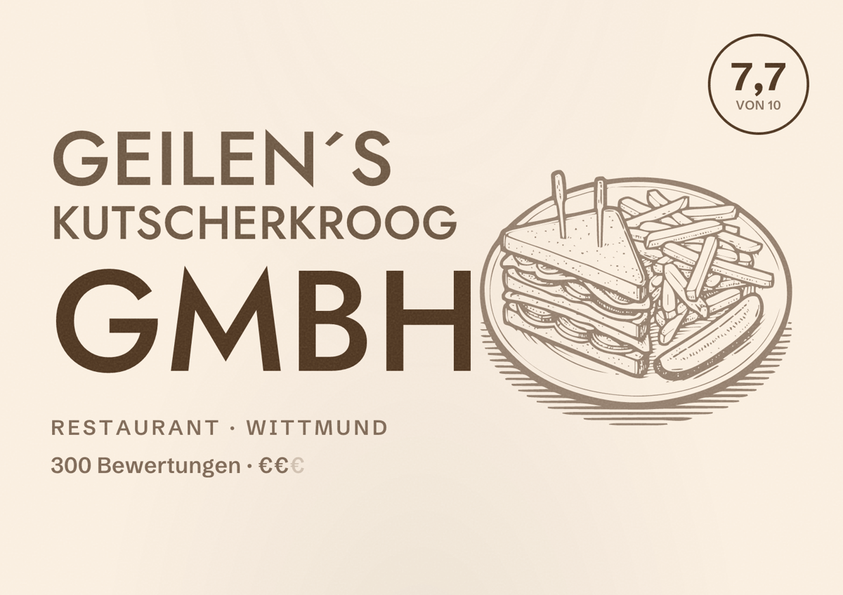 Illustriertes Poster von Geilen´s Kutscherkroog GmbH, Restaurant in Wittmund: Bewertung 7,7 von 10 aus 300 Bewertungen, Preisniveau €€