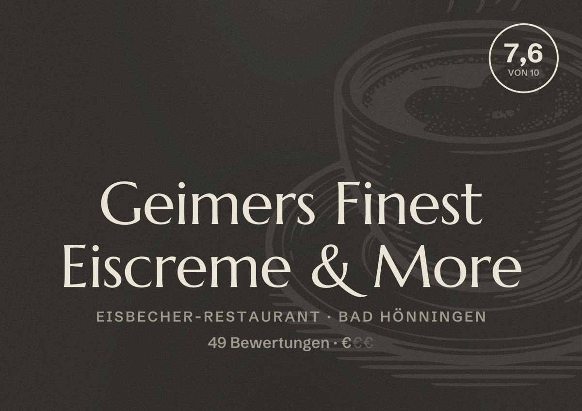 Illustriertes Poster von Geimers Finest Eiscreme & More, Eisbecher-Restaurant in Bad Hönningen: Bewertung 7,6 von 10 aus 49 Bewertungen, Preisniveau €