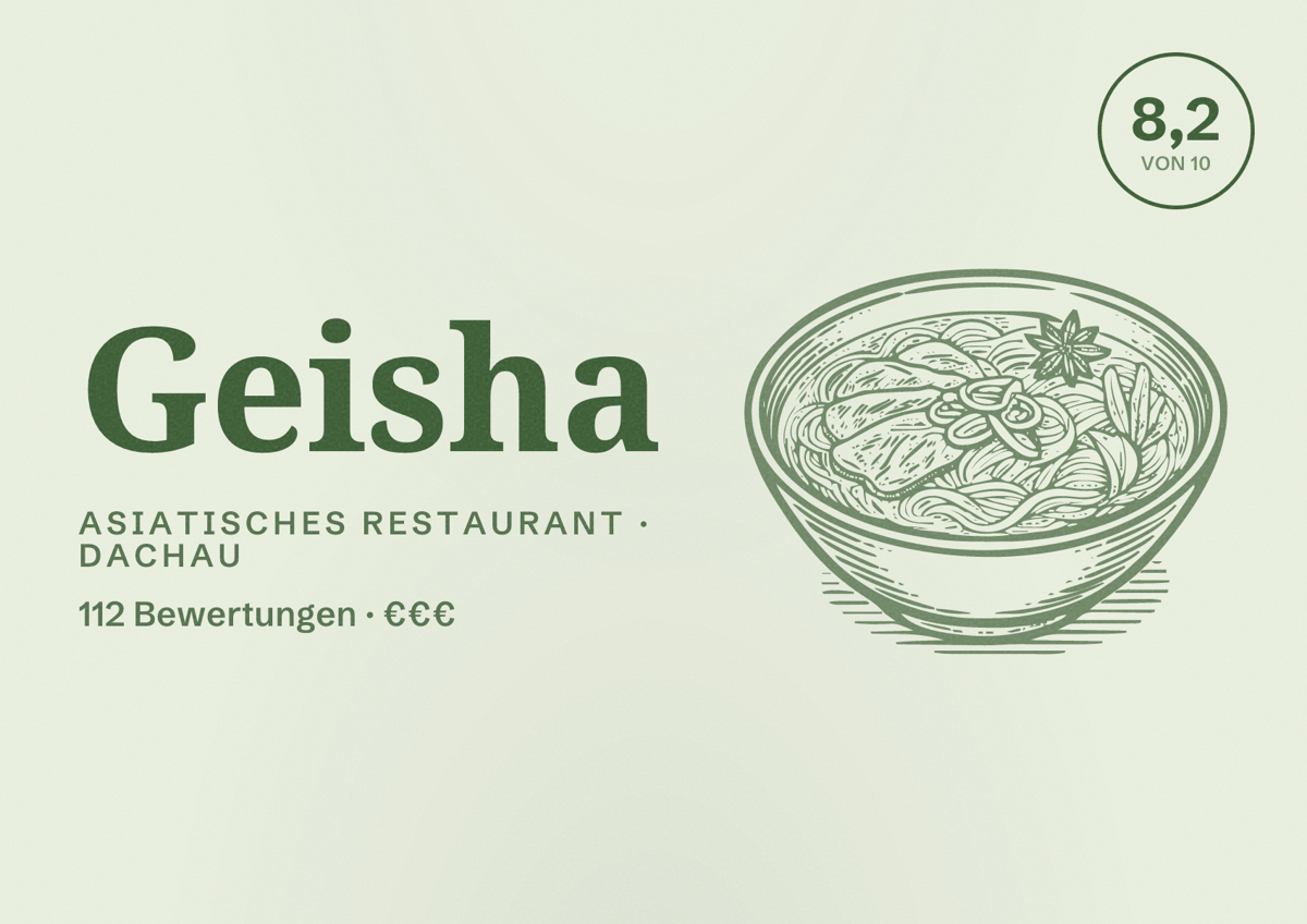 Illustriertes Poster von Geisha, Asiatisches Restaurant in Dachau: Bewertung 8,2 von 10 aus 112 Bewertungen, Preisniveau €€€