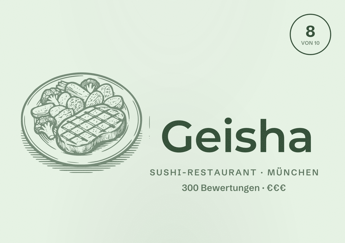 Illustriertes Poster von Geisha, Sushi-Restaurant in München: Bewertung 8,0 von 10 aus 300 Bewertungen, Preisniveau €€€